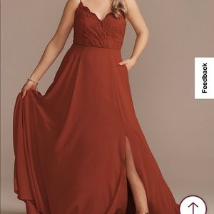 Lace chiffon spaghetti strap long bridesmaid dress from David’s Bridal